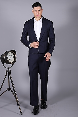 Navy Blue Suiting Blazer Set by Bharat Reshma