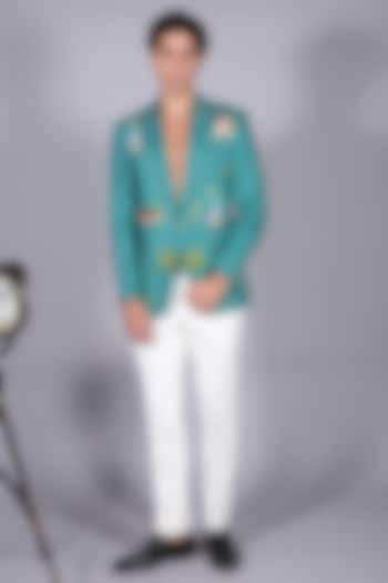 Teal Linen Resham Embroidered Blazer Set by Bharat Reshma