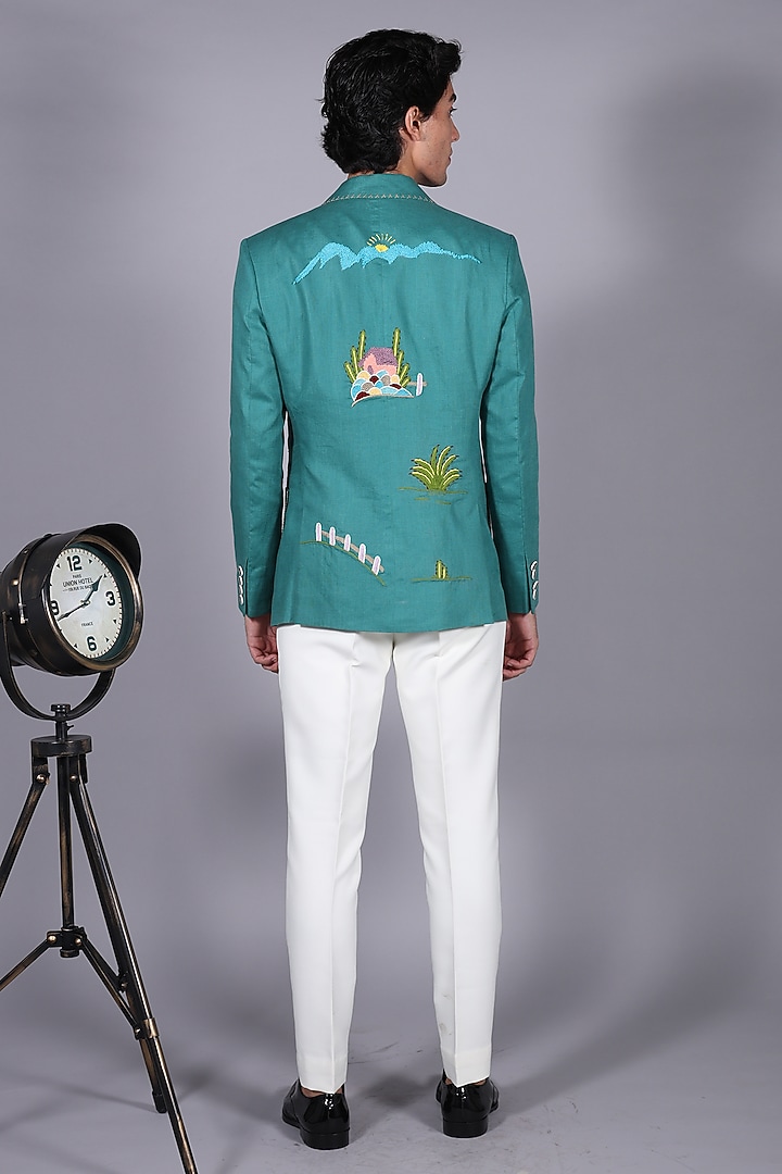 Teal Linen Resham Embroidered Blazer Set by Bharat Reshma at Pernia's Pop Up Shop