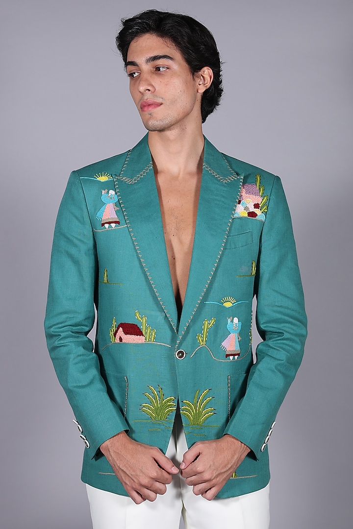 Teal Linen Resham Embroidered Blazer Set by Bharat Reshma at Pernia's Pop Up Shop