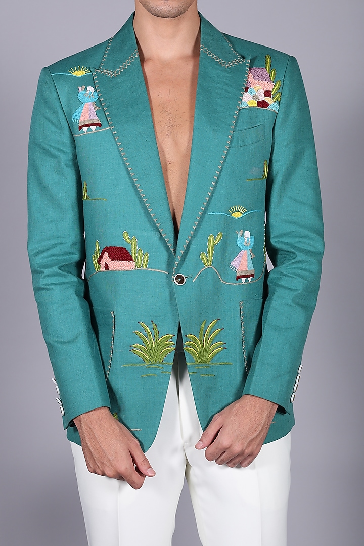 Teal Linen Resham Embroidered Blazer Set by Bharat Reshma at Pernia's Pop Up Shop