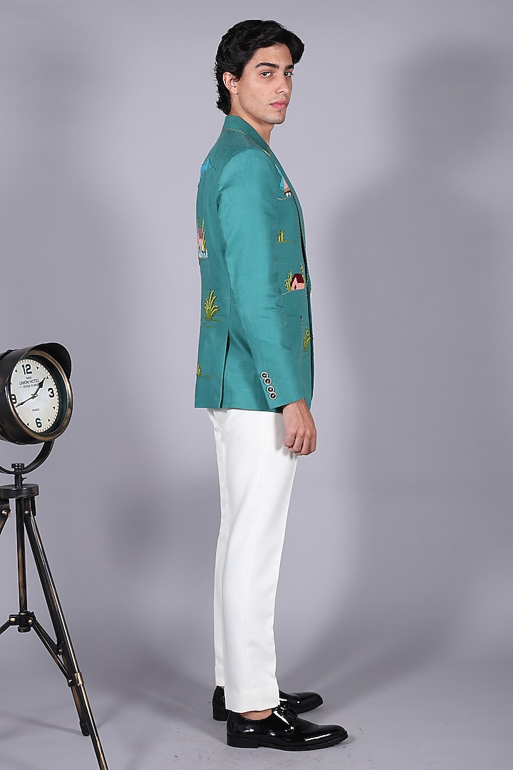 Teal Linen Resham Embroidered Blazer Set by Bharat Reshma at Pernia's Pop Up Shop