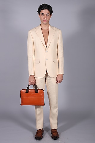 Cream Suiting Blazer Set by Bharat Reshma