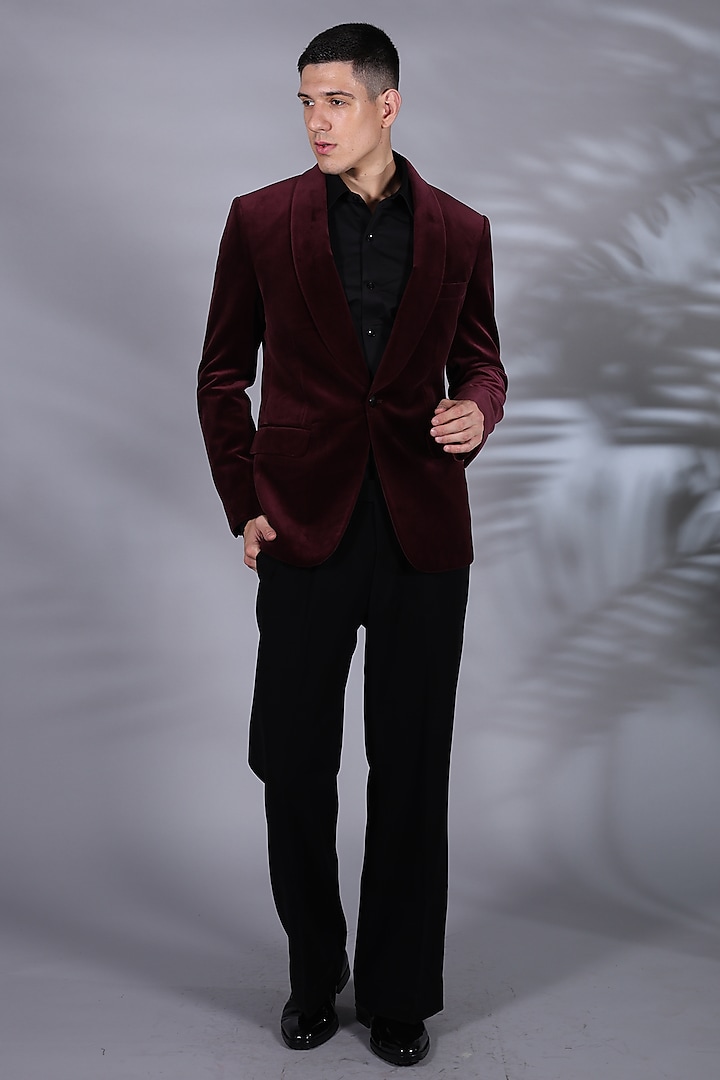 Maroon Fluid Velvet Tuxedo Set by Bharat Reshma