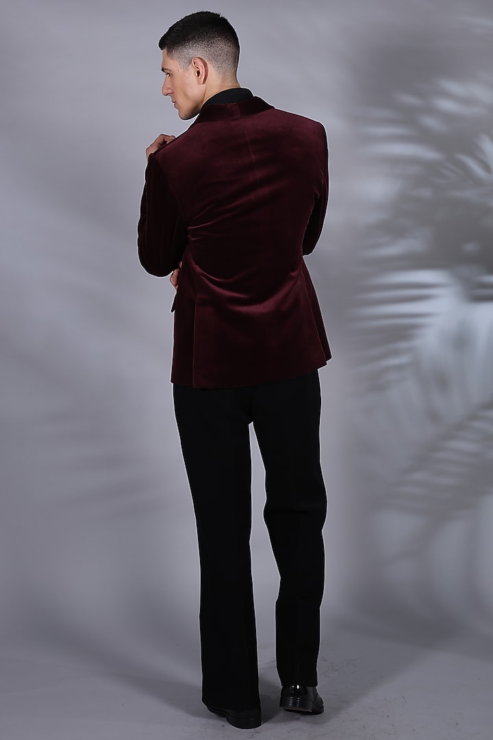 Maroon Fluid Velvet Tuxedo Set by Bharat Reshma at Pernia's Pop Up Shop