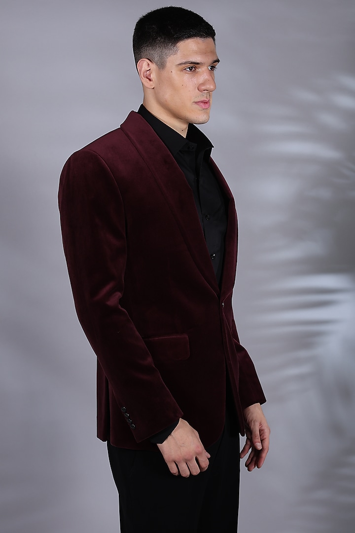 Maroon Fluid Velvet Tuxedo Set by Bharat Reshma at Pernia's Pop Up Shop