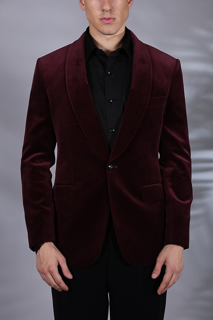 Maroon Fluid Velvet Tuxedo Set by Bharat Reshma at Pernia's Pop Up Shop