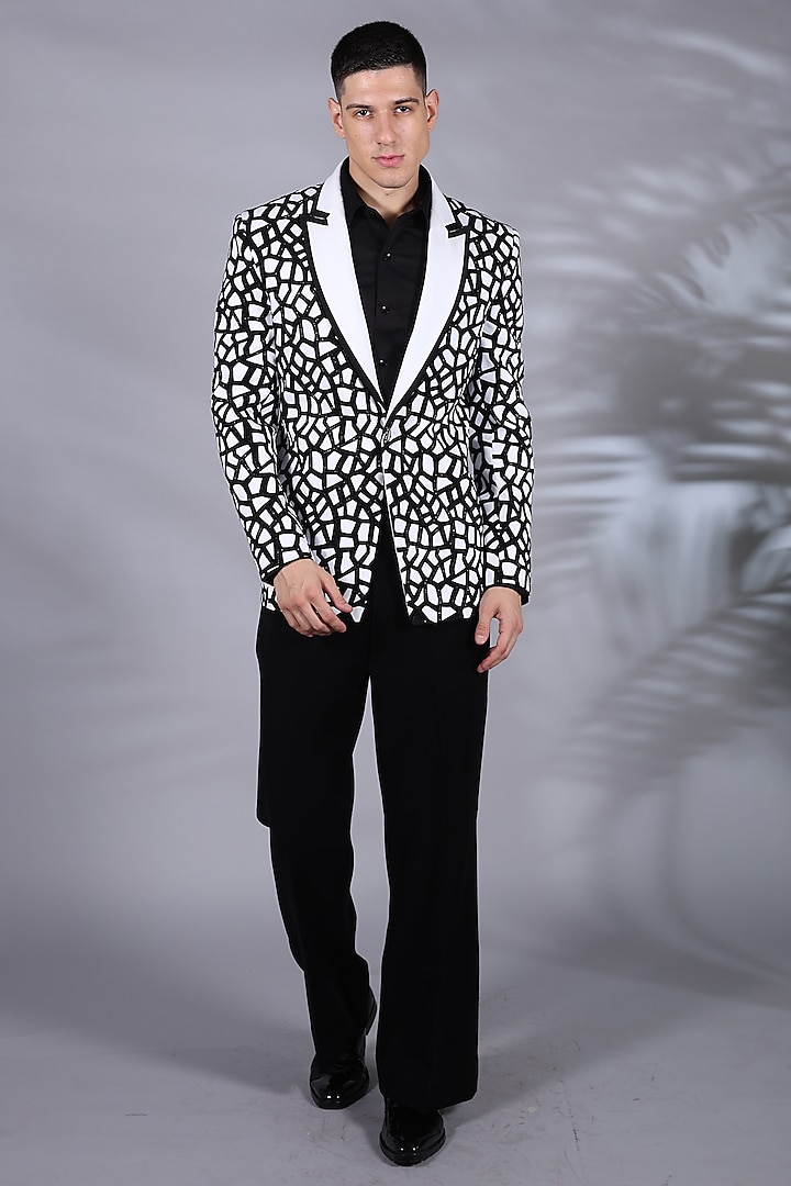 Black & White Japanese Suiting Printed Tuxedo Set by Bharat Reshma