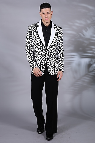 Black & White Japanese Suiting Printed Tuxedo Set by Bharat Reshma