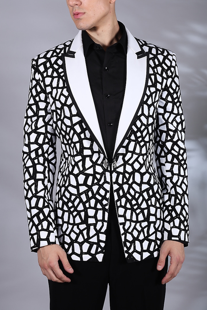 Black & White Japanese Suiting Printed Tuxedo Set by Bharat Reshma at Pernia's Pop Up Shop