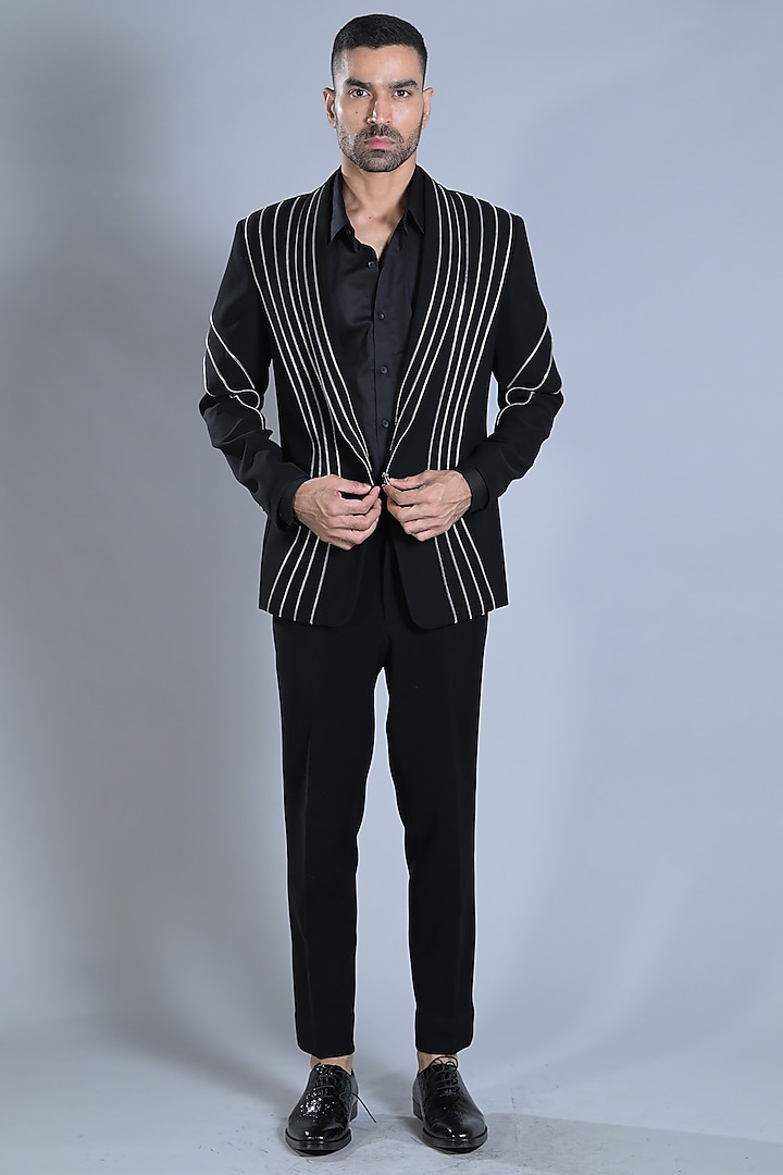 Black Japanese Suiting Tuxedo Set by Bharat Reshma