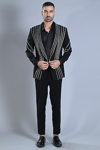 Black Japanese Suiting Tuxedo Set by Bharat Reshma