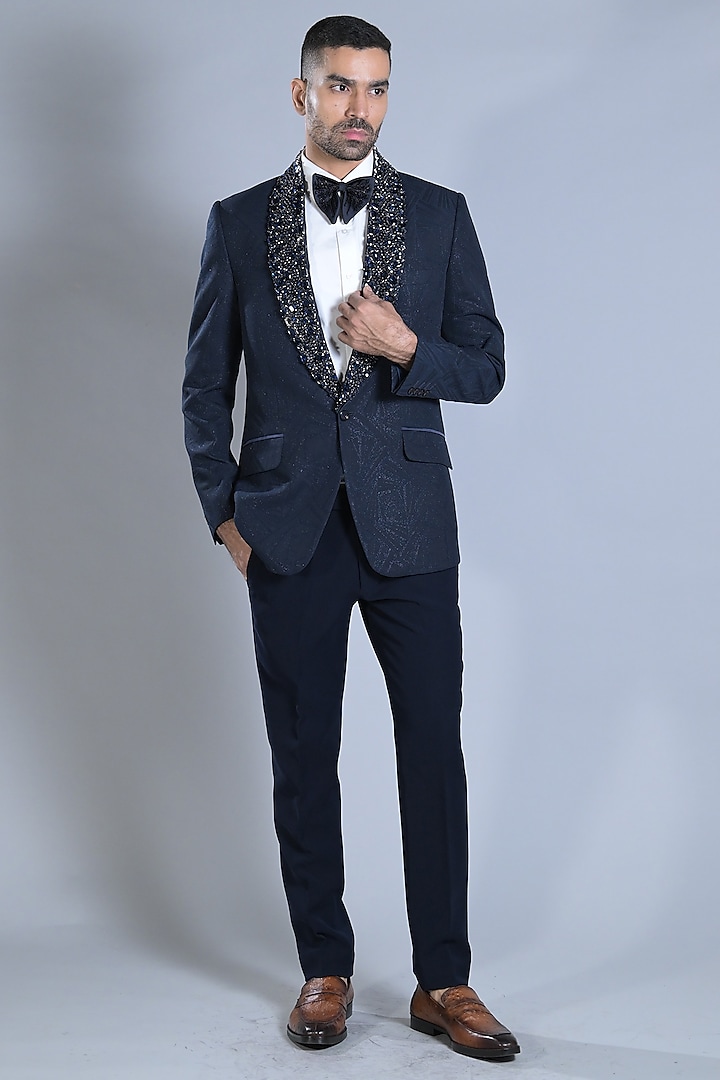 French Navy Jacquard Embroidered Tuxedo Set by Bharat Reshma