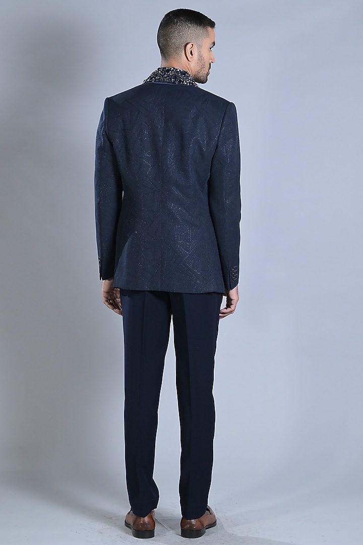 French Navy Jacquard Embroidered Tuxedo Set by Bharat Reshma at Pernia's Pop Up Shop