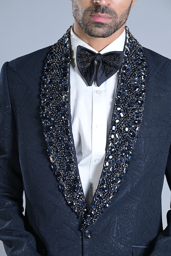 French Navy Jacquard Embroidered Tuxedo Set by Bharat Reshma at Pernia's Pop Up Shop