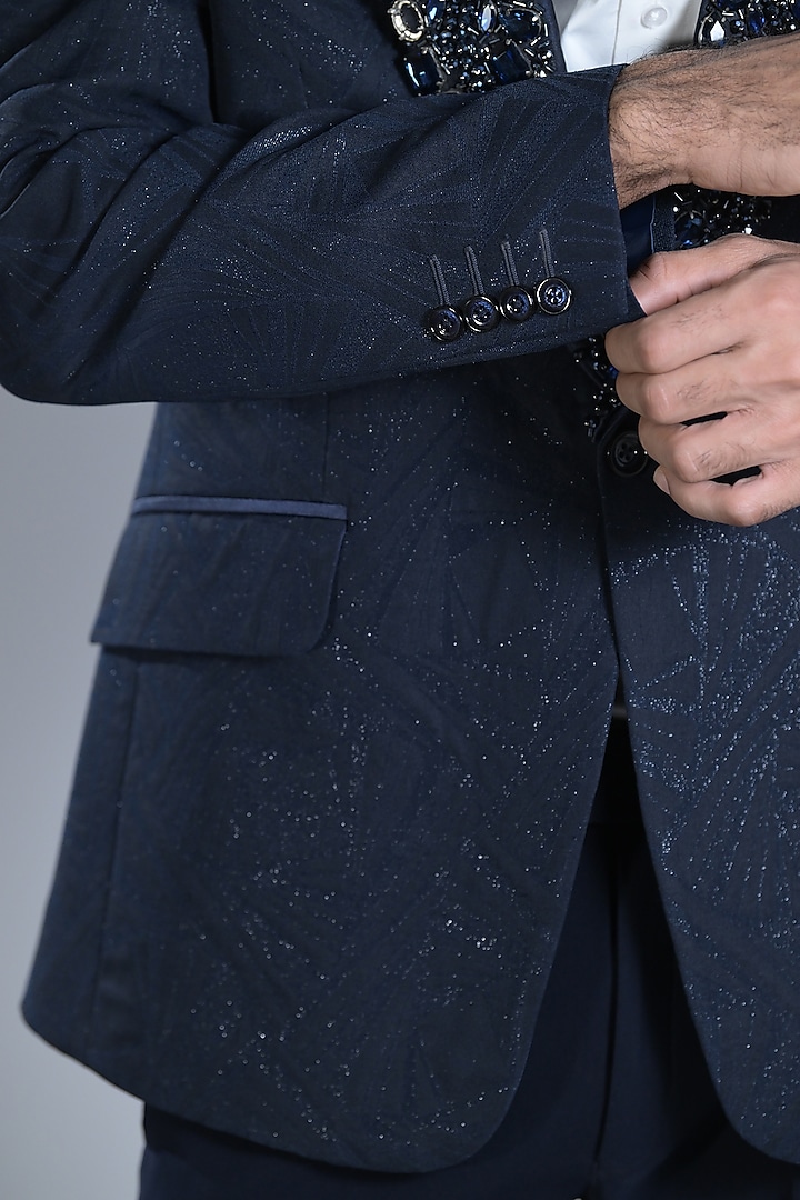 French Navy Jacquard Embroidered Tuxedo Set by Bharat Reshma at Pernia's Pop Up Shop