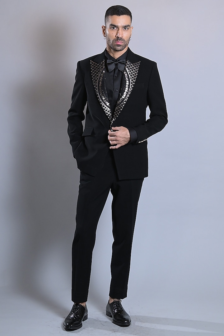 Pure Black Japanese Suiting Tuxedo Set by Bharat Reshma