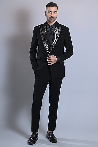 Pure Black Japanese Suiting Tuxedo Set by Bharat Reshma