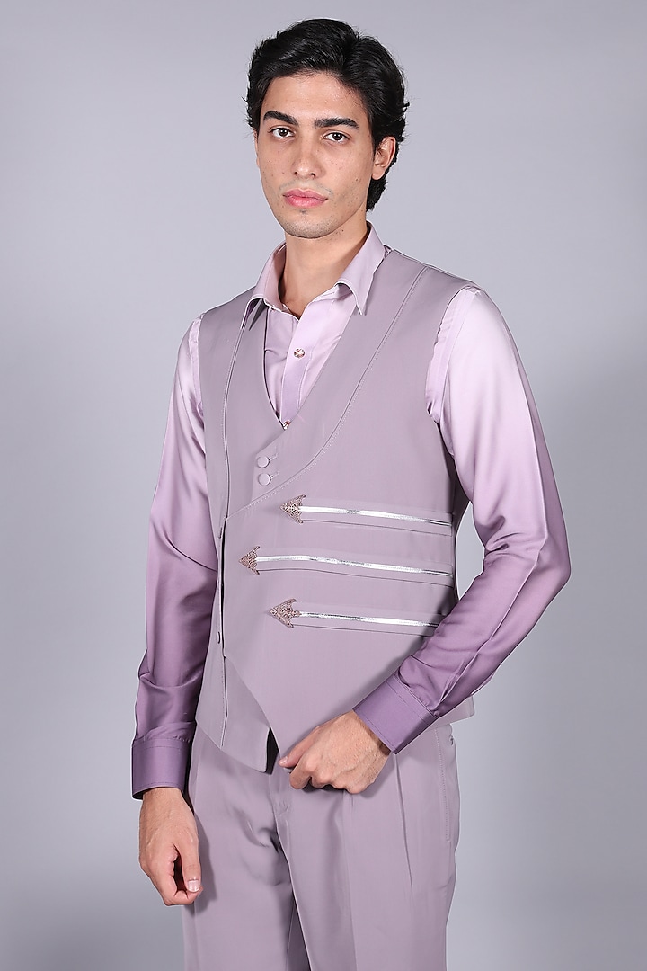 Wisteria Purple Japanese Suiting Cutdana Embroidered Blazer Set by Bharat Reshma at Pernia's Pop Up Shop