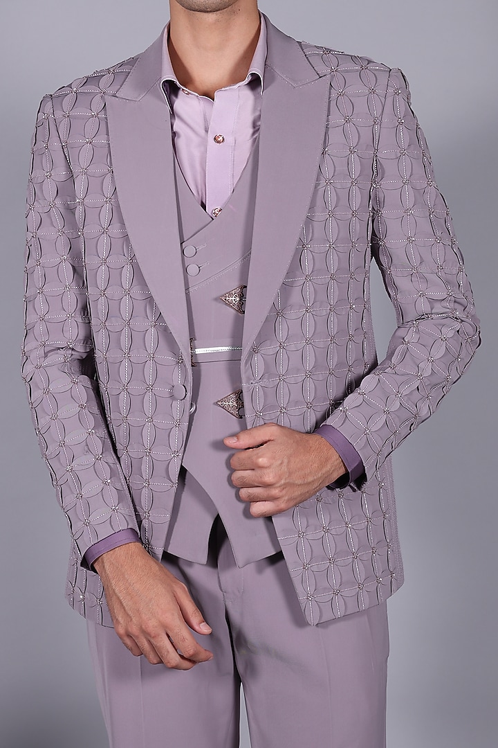 Wisteria Purple Japanese Suiting Cutdana Embroidered Blazer Set by Bharat Reshma at Pernia's Pop Up Shop