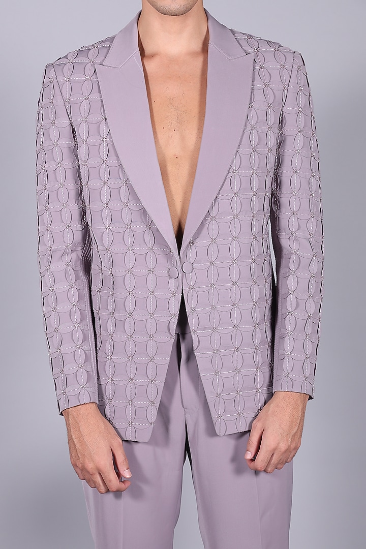Wisteria Purple Japanese Suiting Cutdana Embroidered Blazer Set by Bharat Reshma at Pernia's Pop Up Shop