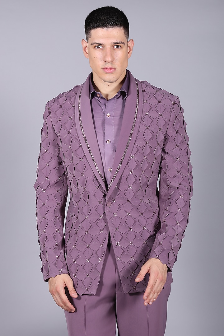 Damson Purple Japanese Suiting Cutdana Embroidered Floral Blazer Set by Bharat Reshma at Pernia's Pop Up Shop