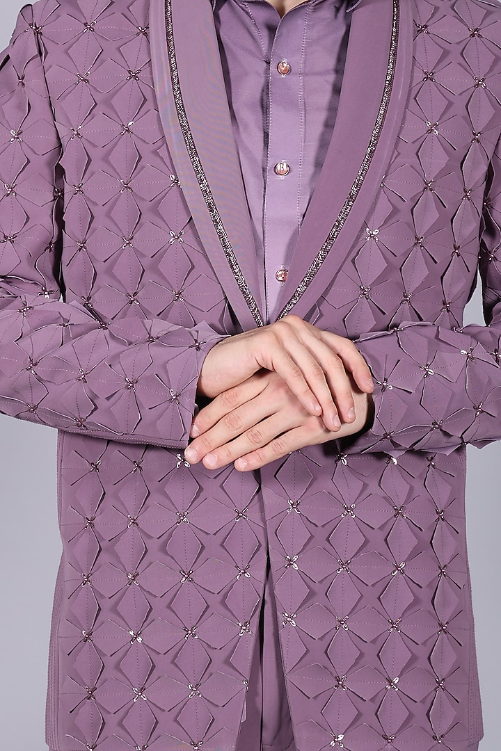 Damson Purple Japanese Suiting Cutdana Embroidered Floral Blazer Set by Bharat Reshma at Pernia's Pop Up Shop