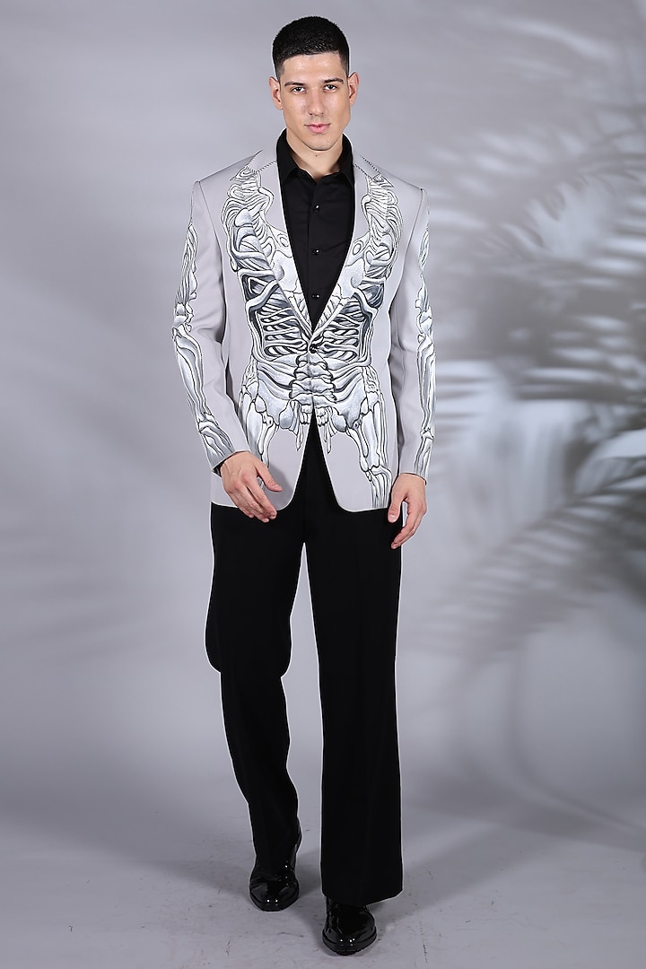 Ice Grey Japanese Suiting Printed Tuxedo Set by Bharat Reshma