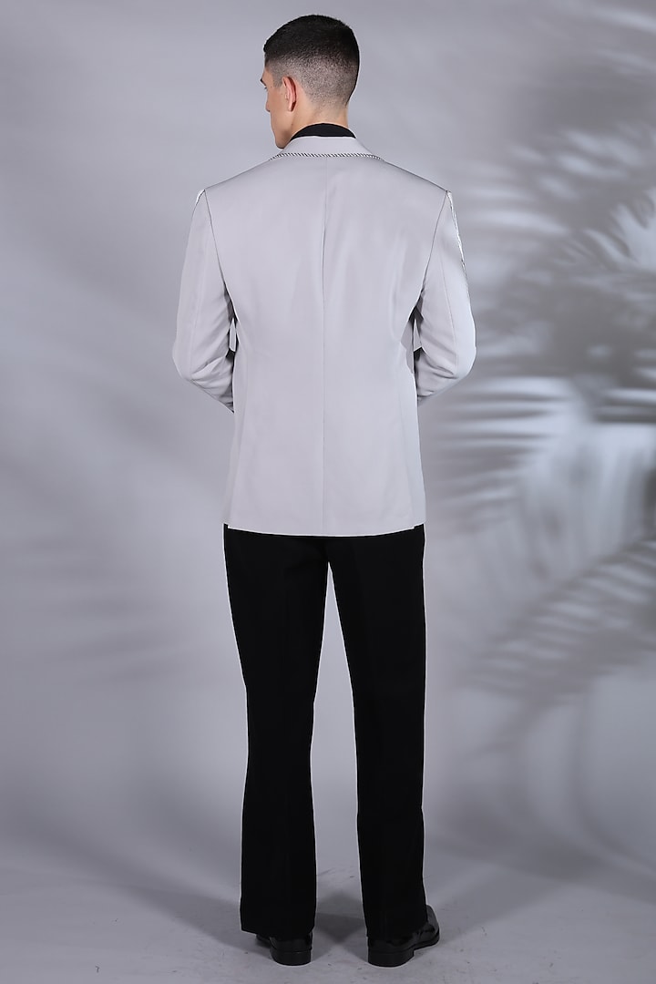 Ice Grey Japanese Suiting Printed Tuxedo Set by Bharat Reshma at Pernia's Pop Up Shop