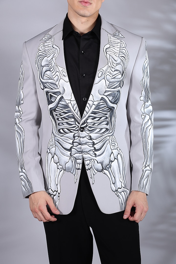 Ice Grey Japanese Suiting Printed Tuxedo Set by Bharat Reshma at Pernia's Pop Up Shop