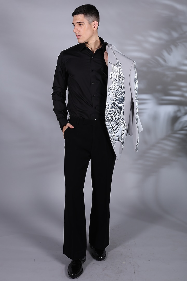 Ice Grey Japanese Suiting Printed Tuxedo Set by Bharat Reshma at Pernia's Pop Up Shop