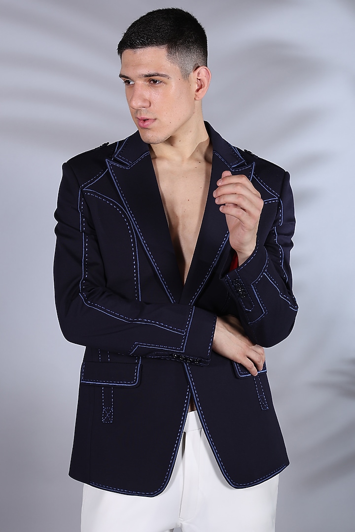 Indigo Suiting Thread Embroidered Blazer Set by Bharat Reshma at Pernia's Pop Up Shop