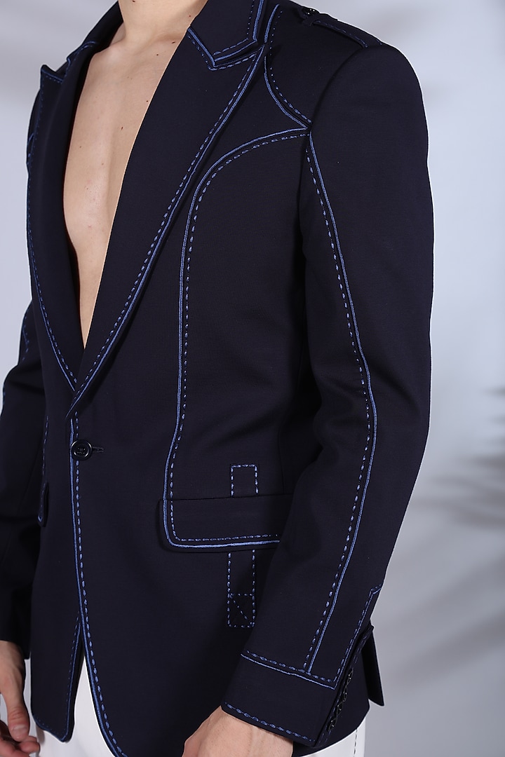 Indigo Suiting Thread Embroidered Blazer Set by Bharat Reshma at Pernia's Pop Up Shop