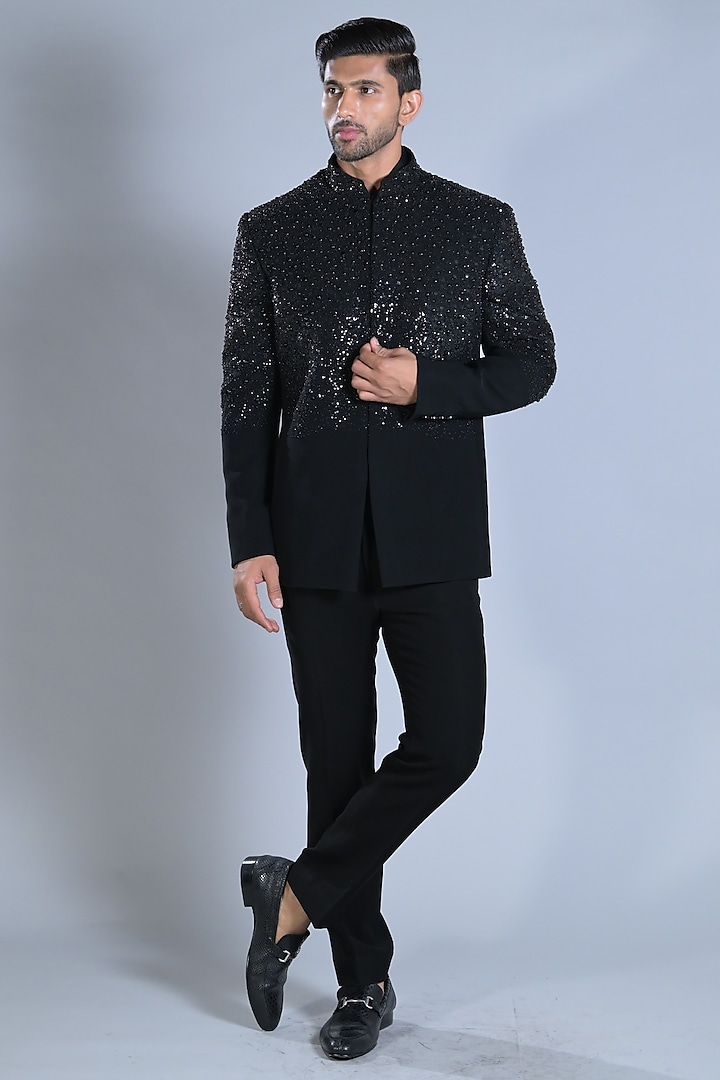 Black Japanese Suiting Embroidered Tuxedo Set by Bharat Reshma