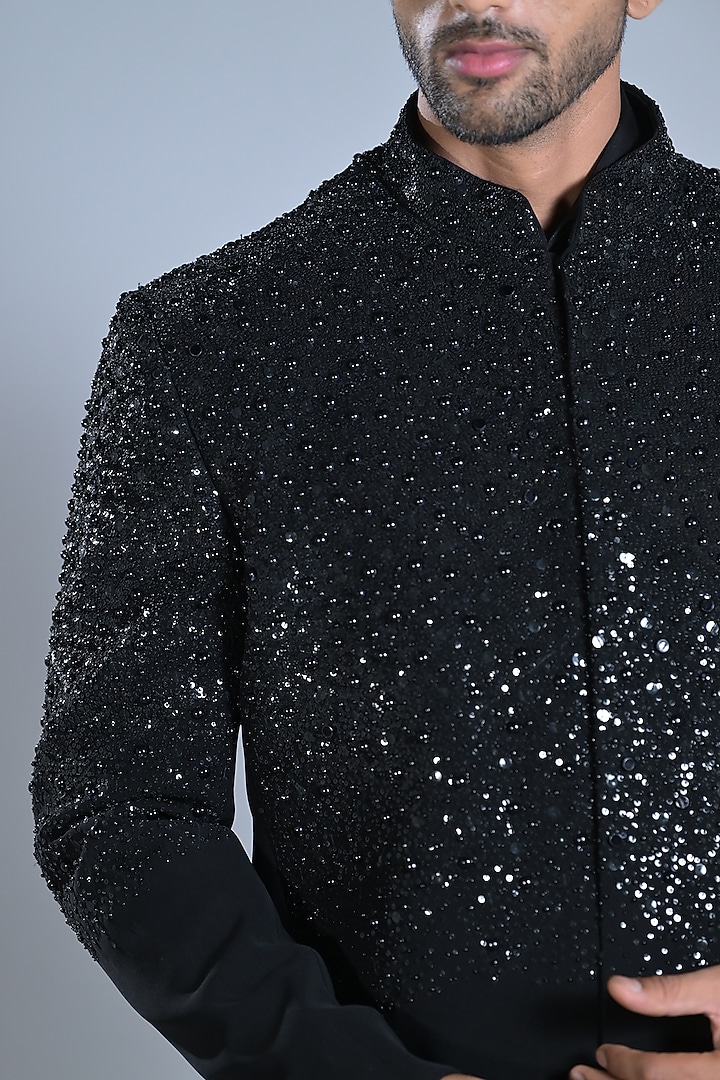 Black Japanese Suiting Embroidered Tuxedo Set by Bharat Reshma at Pernia's Pop Up Shop