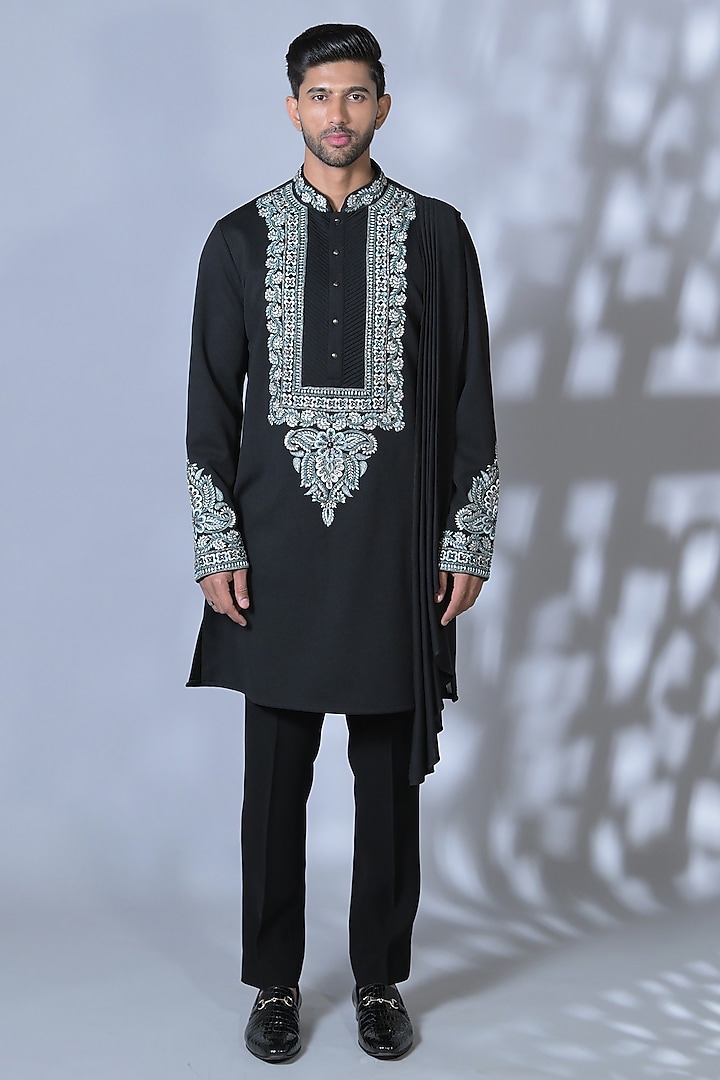 Black Silk Embroidered Kurta Set by Bharat Reshma at Pernia's Pop Up Shop