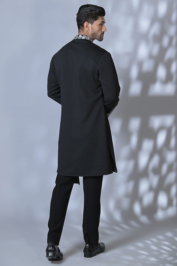 Black Silk Embroidered Kurta Set by Bharat Reshma at Pernia's Pop Up Shop
