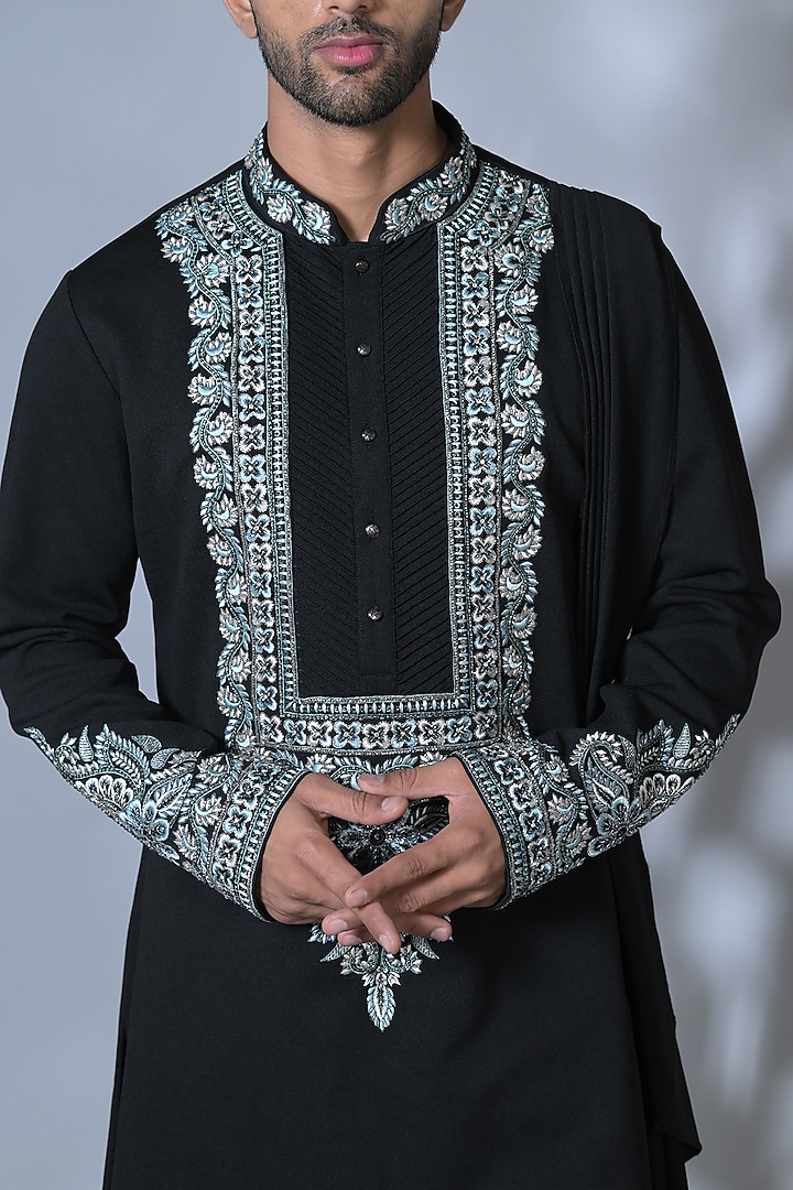 Black Silk Embroidered Kurta Set by Bharat Reshma at Pernia's Pop Up Shop