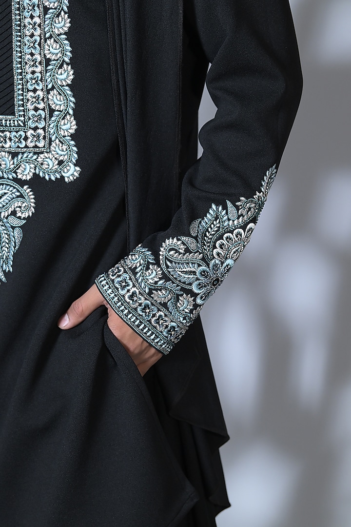 Black Silk Embroidered Kurta Set by Bharat Reshma at Pernia's Pop Up Shop