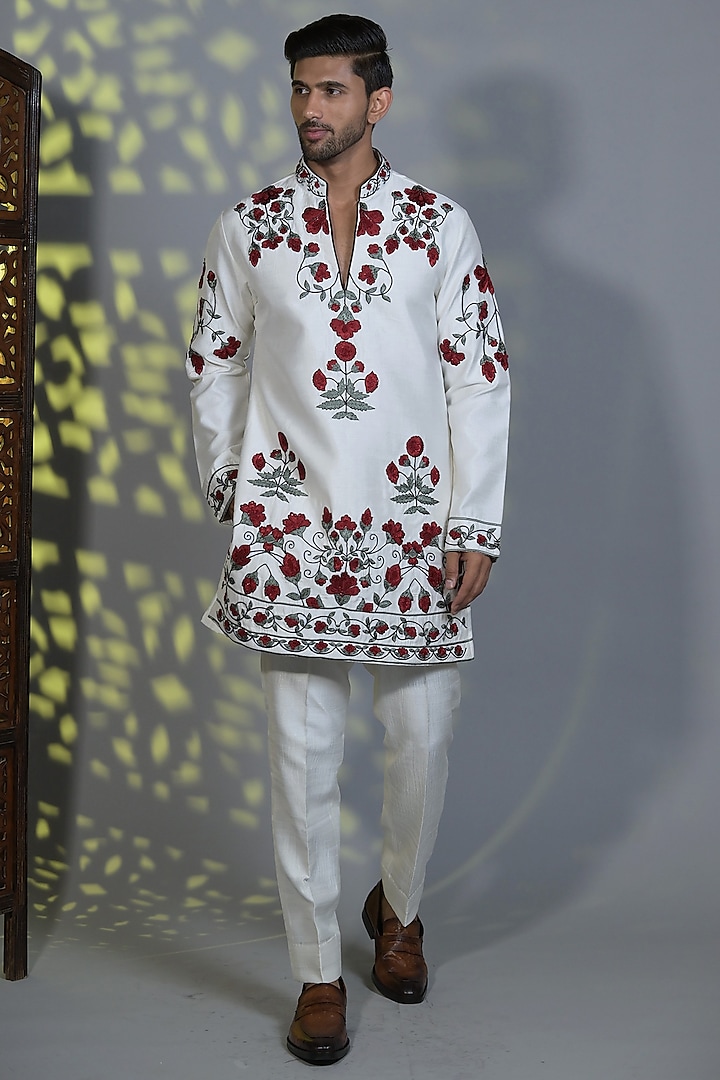 White & Scarlet Red Japanese Suiting Cutdana Embroidered Kurta Set by Bharat Reshma at Pernia's Pop Up Shop