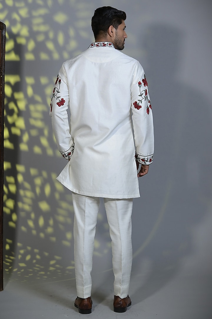 White & Scarlet Red Japanese Suiting Cutdana Embroidered Kurta Set by Bharat Reshma at Pernia's Pop Up Shop