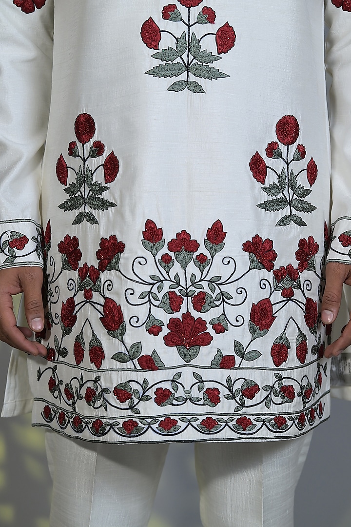 White & Scarlet Red Japanese Suiting Cutdana Embroidered Kurta Set by Bharat Reshma at Pernia's Pop Up Shop