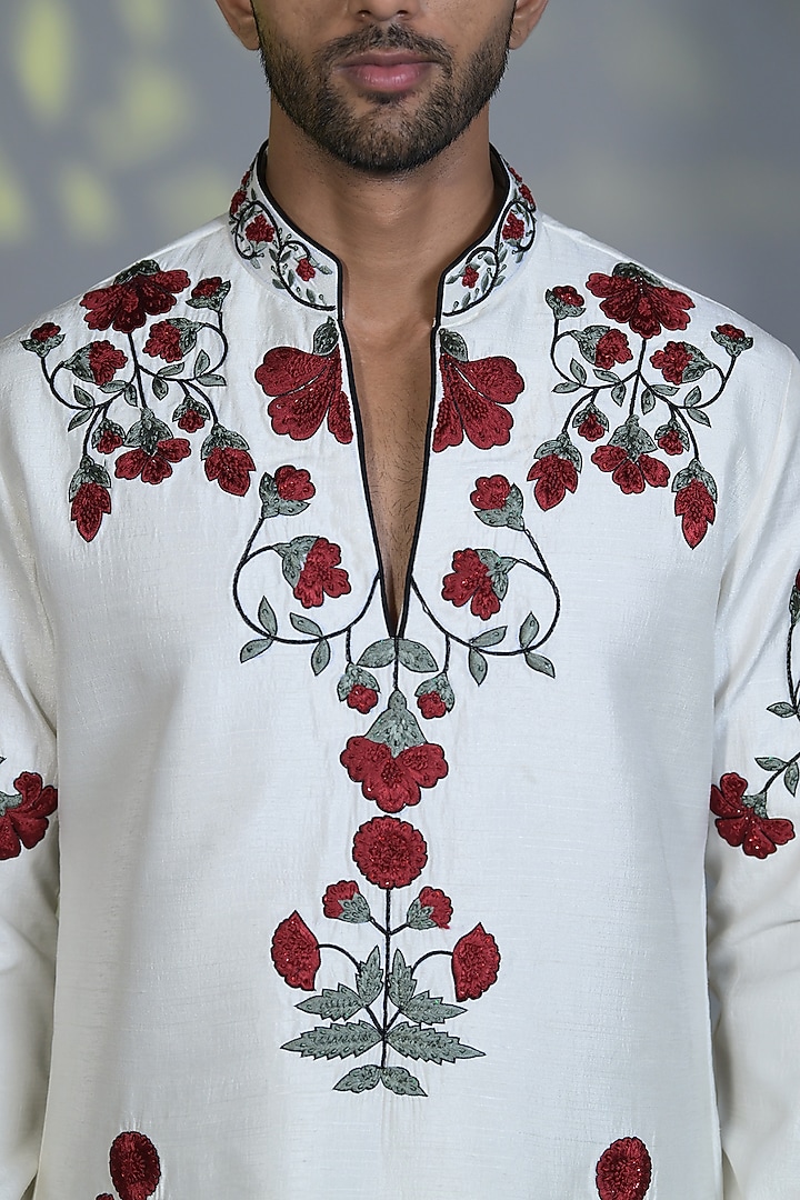 White & Scarlet Red Japanese Suiting Cutdana Embroidered Kurta Set by Bharat Reshma at Pernia's Pop Up Shop