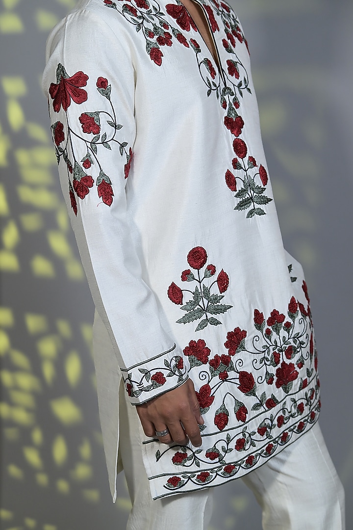White & Scarlet Red Japanese Suiting Cutdana Embroidered Kurta Set by Bharat Reshma at Pernia's Pop Up Shop