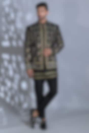 Smoky Black Silk Cutdana & Sequins Embroidered Wedding Indowestern Set  by Bharat Reshma at Pernia's Pop Up Shop