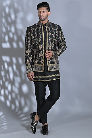 Smoky Black Silk Cutdana & Sequins Embroidered Indowestern Set  by Bharat Reshma