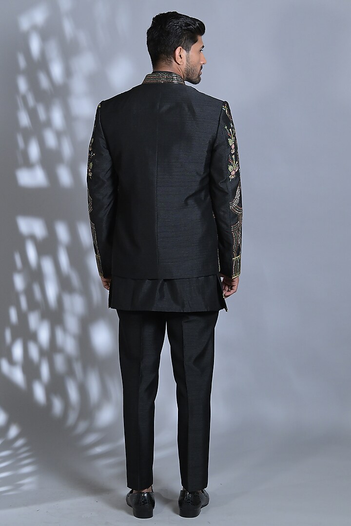 Smoky Black Silk Cutdana & Sequins Embroidered Wedding Indowestern Set  by Bharat Reshma at Pernia's Pop Up Shop