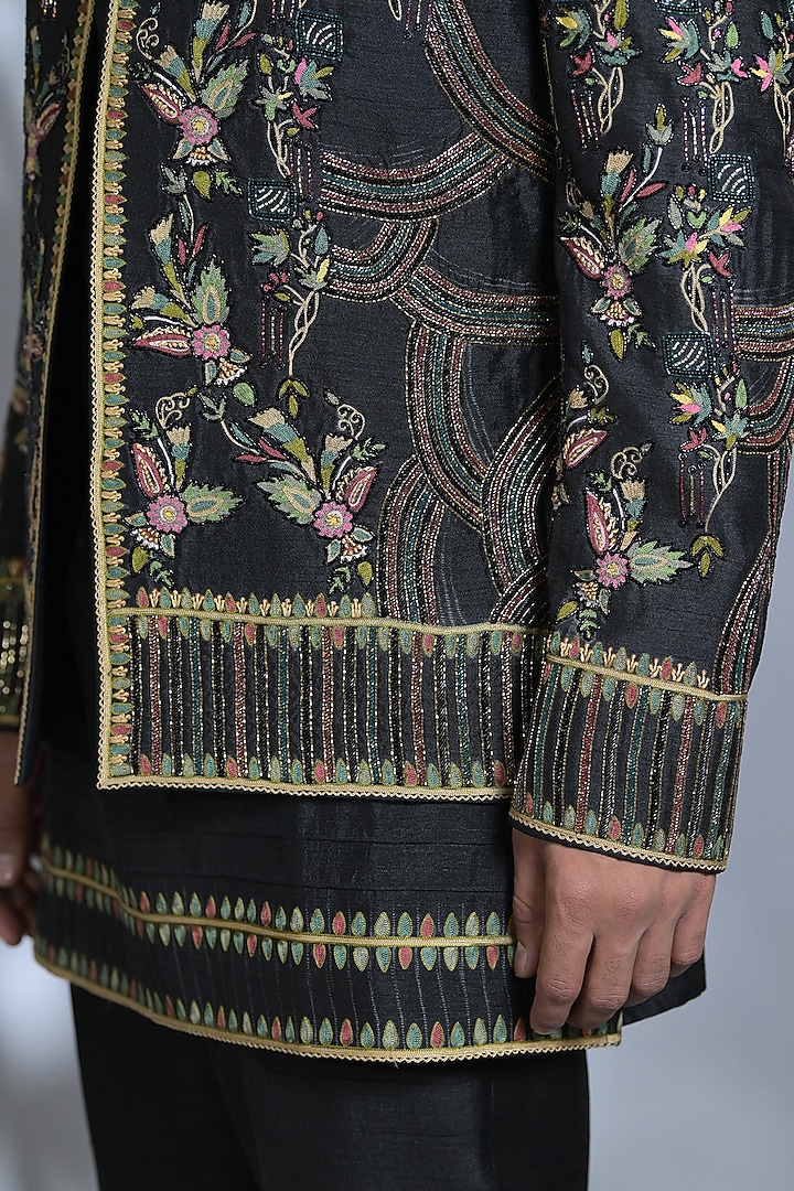 Smoky Black Silk Cutdana & Sequins Embroidered Wedding Indowestern Set  by Bharat Reshma at Pernia's Pop Up Shop