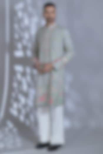 Ice Grey Japanese Suiting Resham & Thread Embroidered Kurta Set by Bharat Reshma