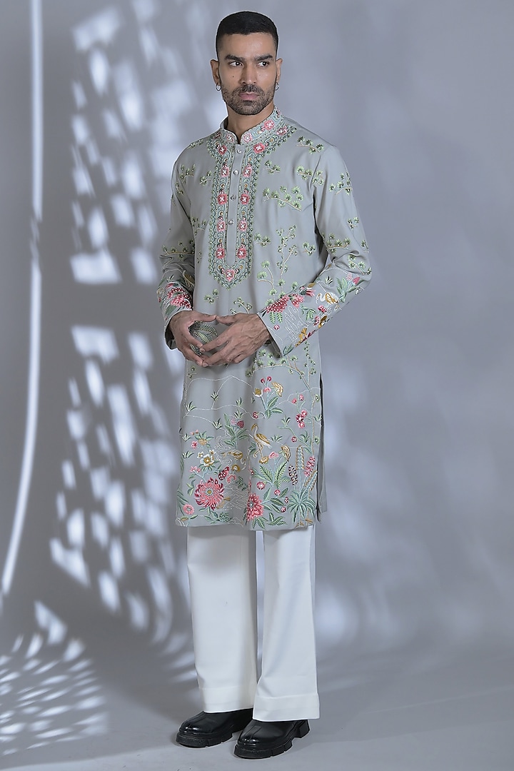 Ice Grey Japanese Suiting Resham & Thread Embroidered Kurta Set by Bharat Reshma